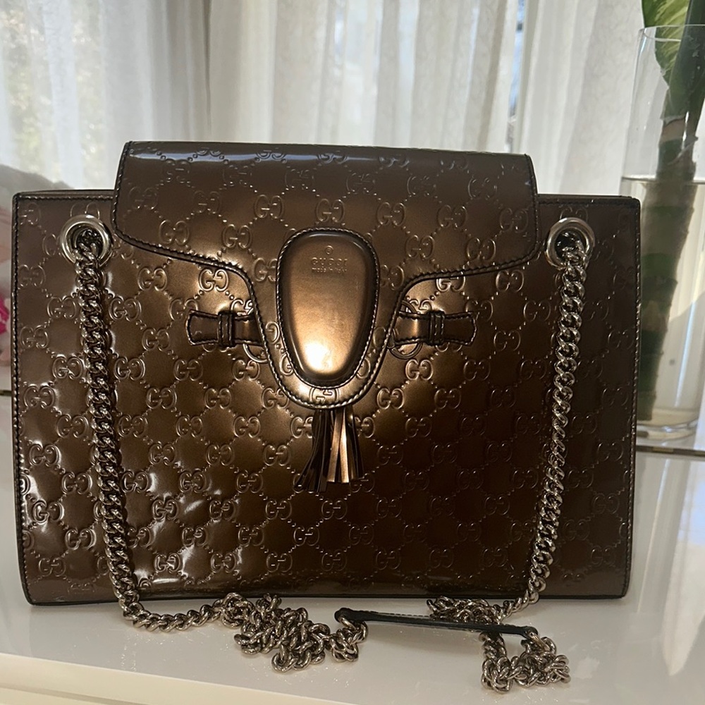 Gucci Brown Embossed Leather Shoulder Bag with Chain Strap